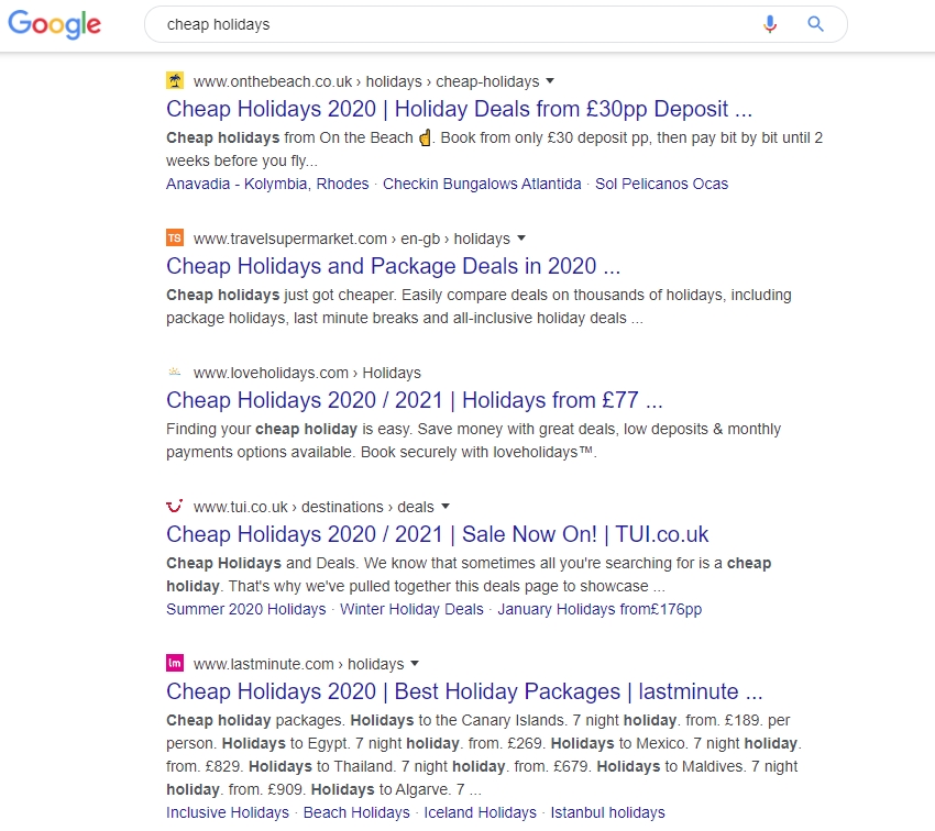 Cheap Holidays SERP