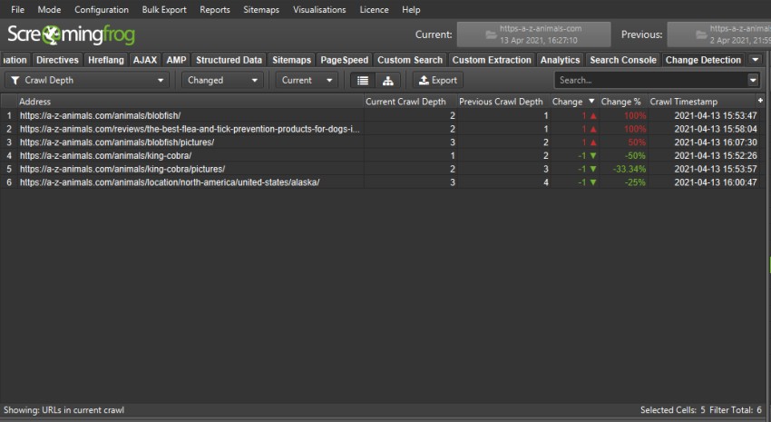 Crawl Depth Changes in Crawl Comparison