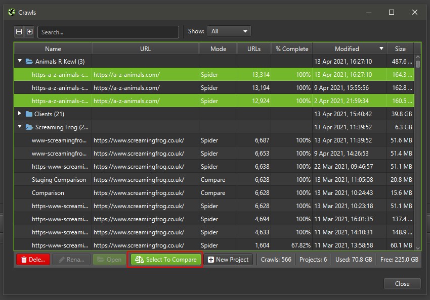 Select to Compare Crawls