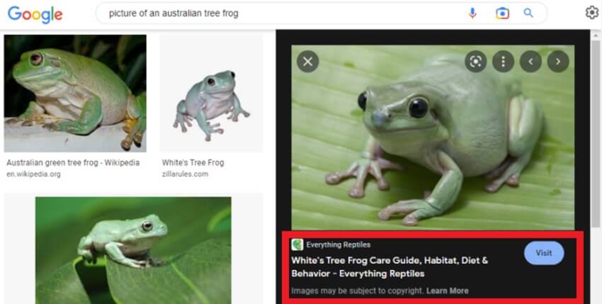 A screenshot of Google's image search results, highlighting how page metadata is used for image titles and descriptions.