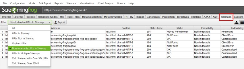 Sitemap tab and filters