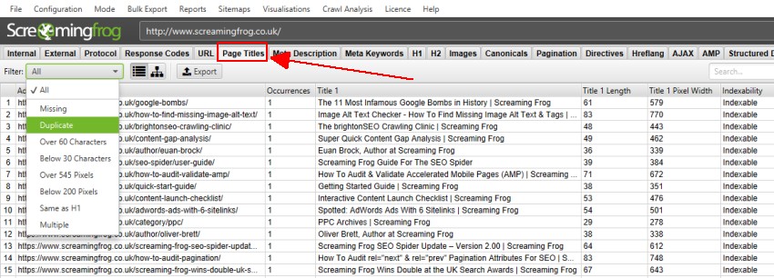 Page Titles In The SEO Spider