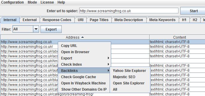 screaming frog seo spider right click options