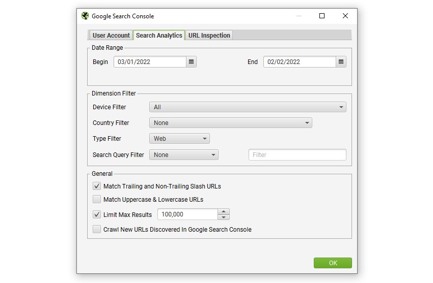 Google Search Console Search Analytics configuration