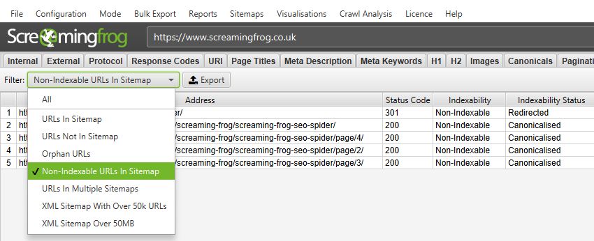 non-indexable urls in sitemap