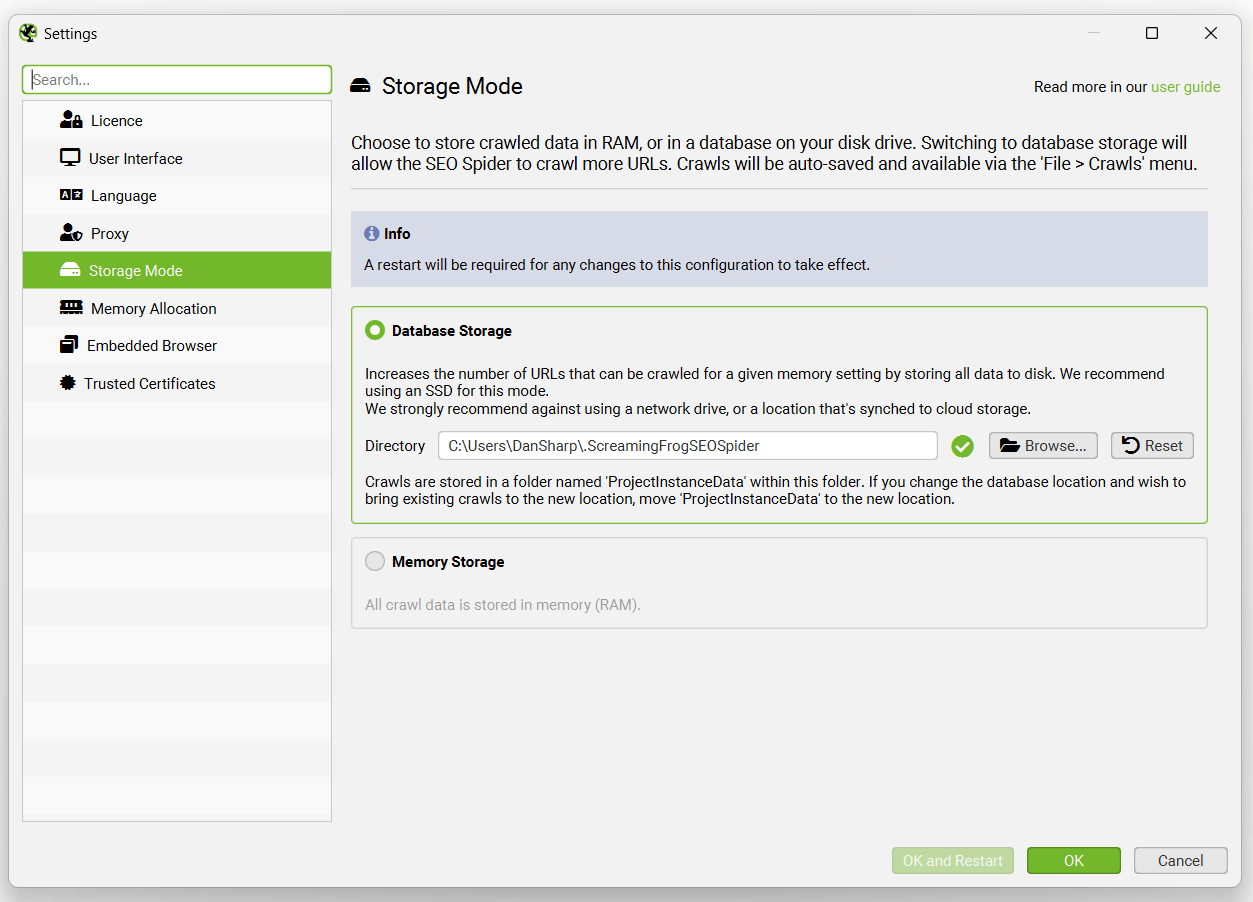 Database Storage Mode