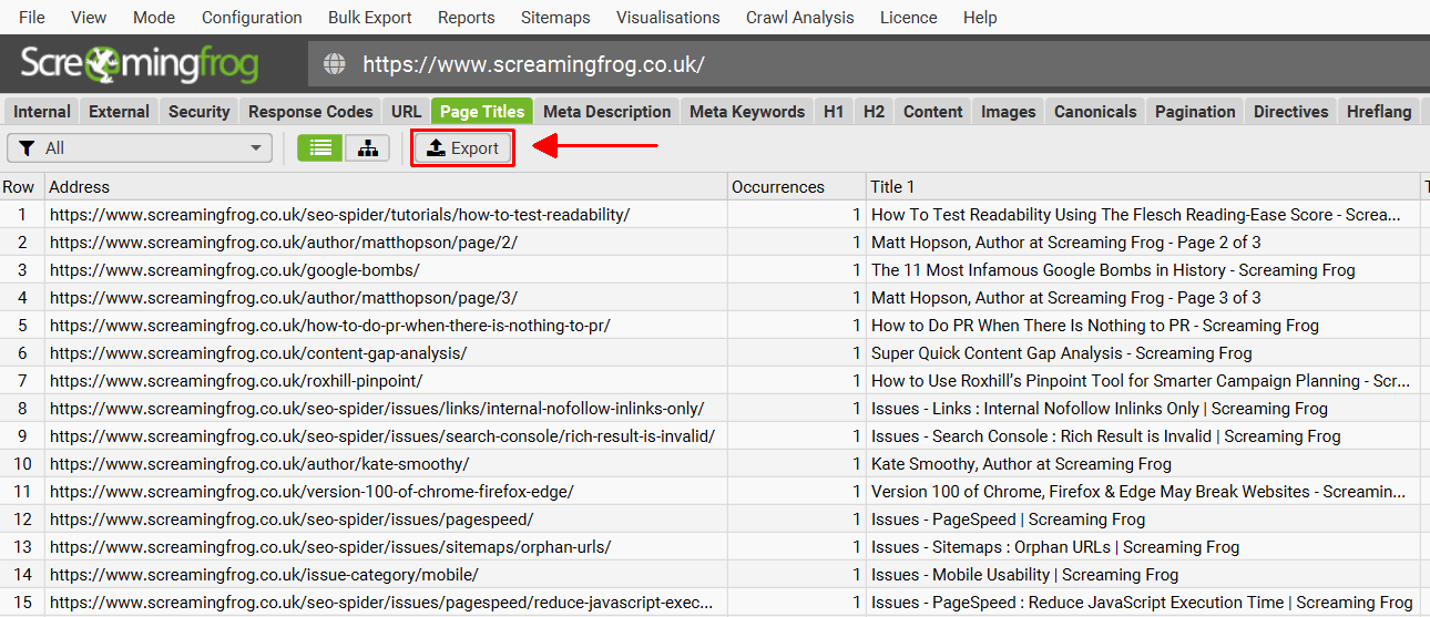 Export tabs & filters