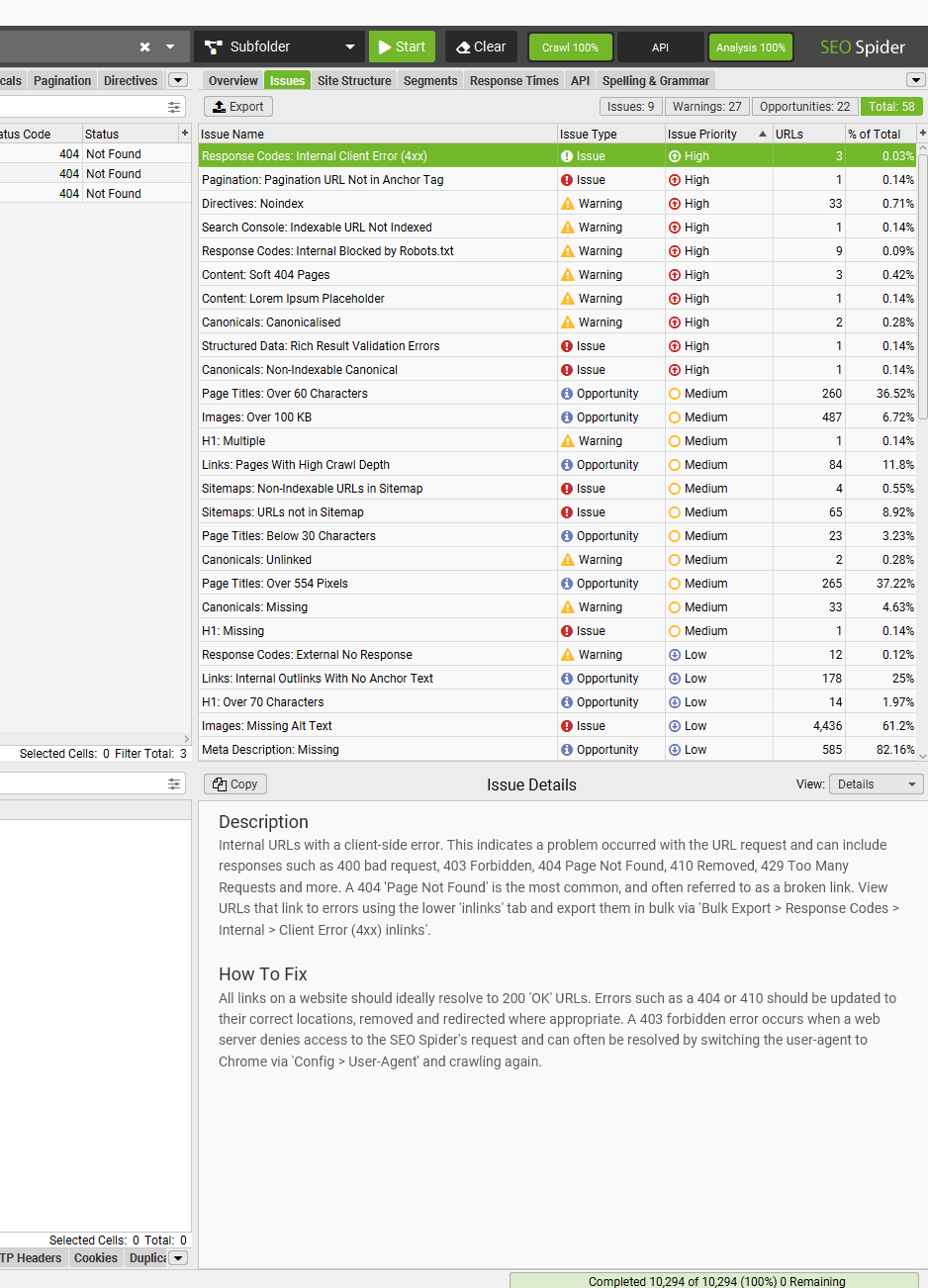 Issues Tab to identify crawl issues, warnings and opportunites