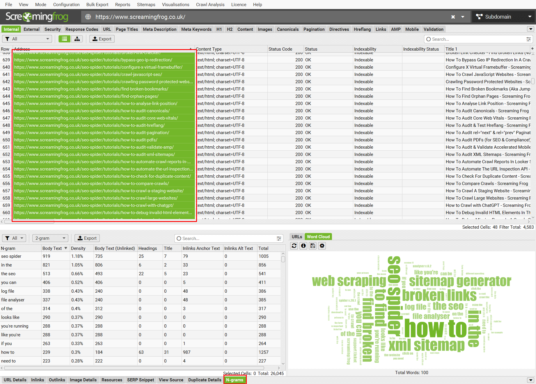 N-grams highlighting multiple pages