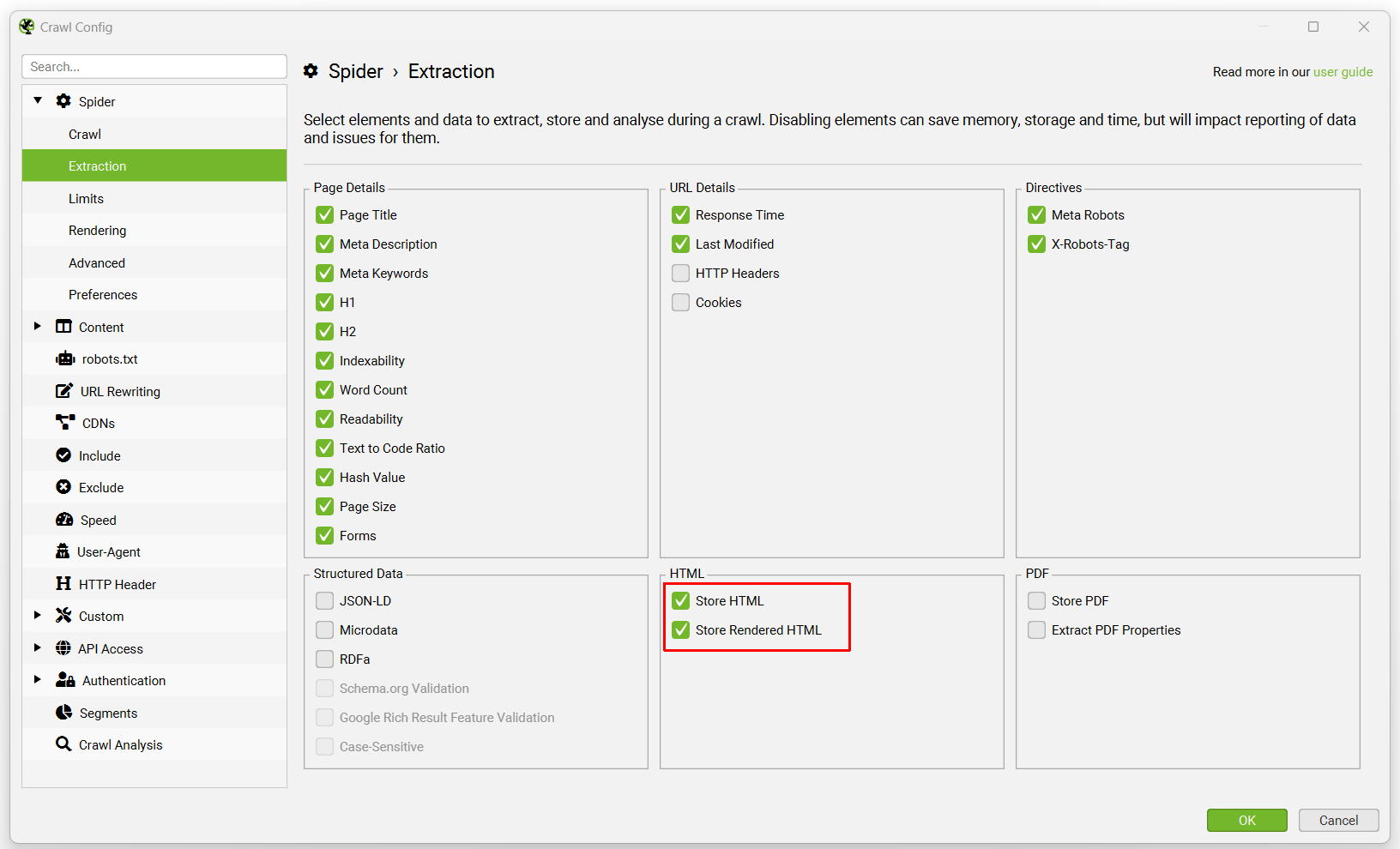 Store HTML config to enable N-Grams functionality