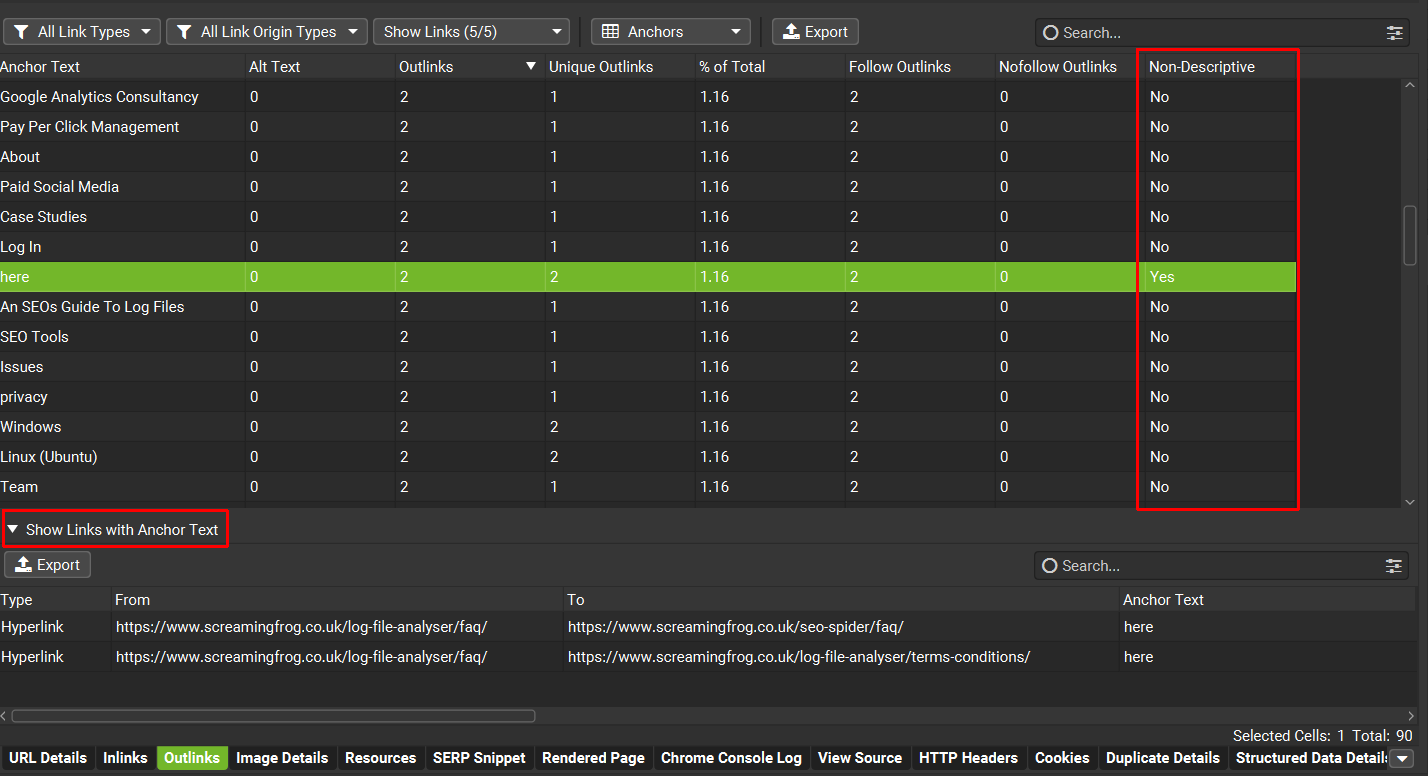 Non-Descriptive Anchor Text on Internal Outlinks