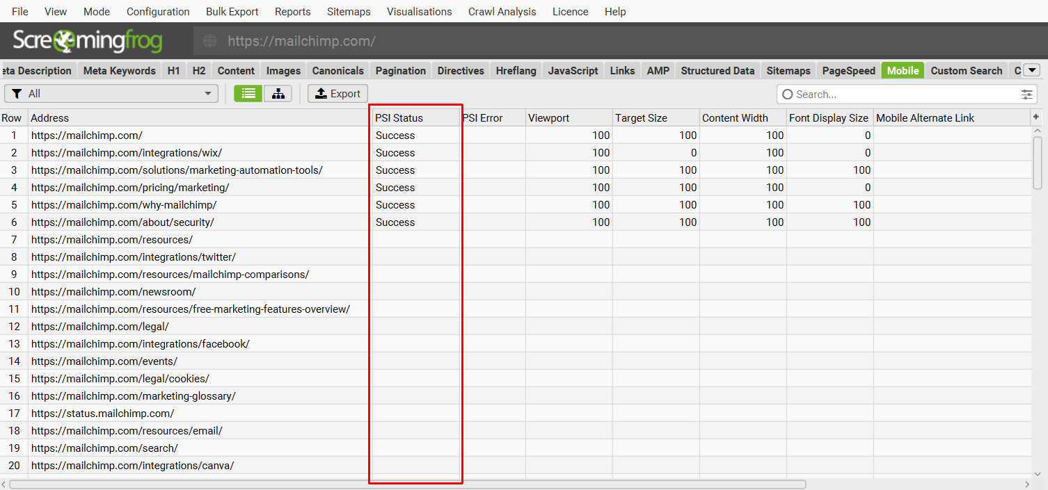 PSI Status column progress