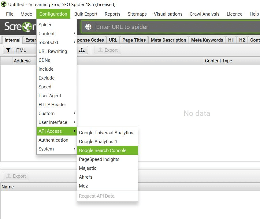 Screenshot of Screaming Frog with the Configuration window open and the option ‘API access’ and ‘Google Search Console’ highlighted.