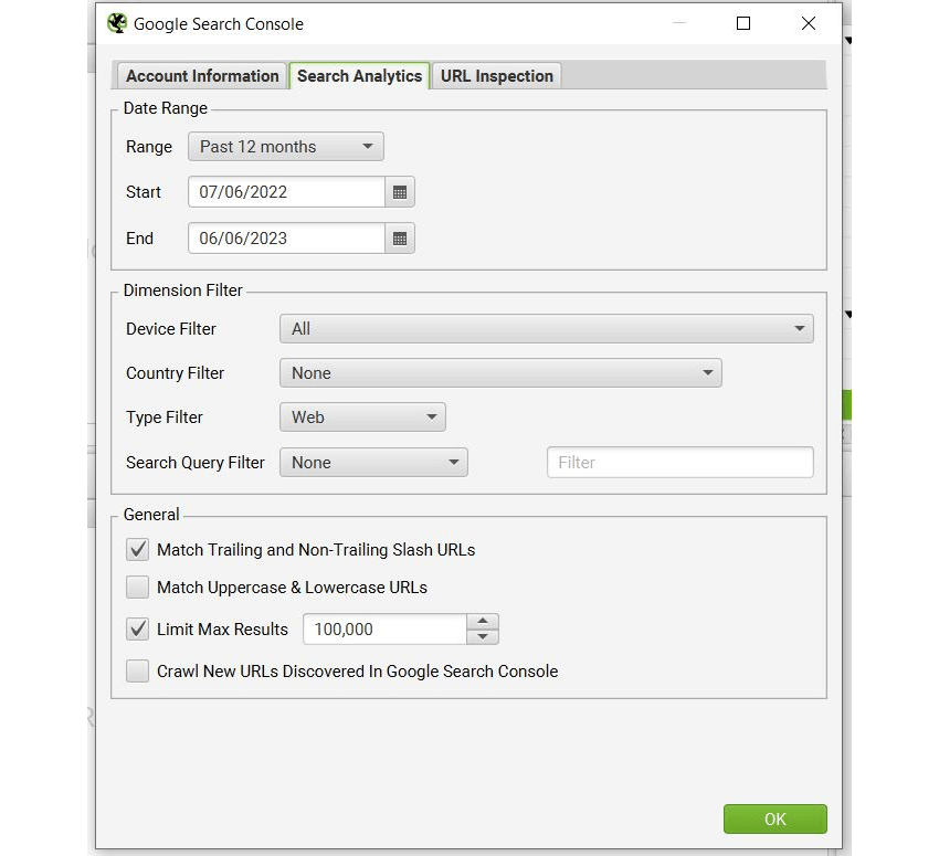 Screaming Frog screenshot showing Search Analytics