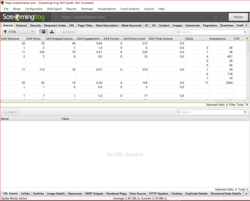 Screaming Frog screenshot showing G4 and GSC data.